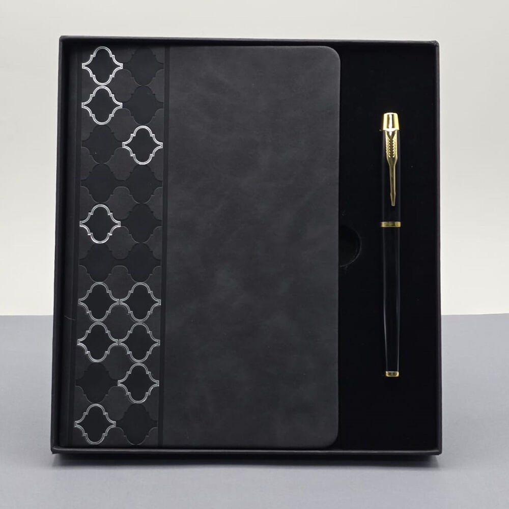 Desenli Siyah Deri Defter Kalem Set
