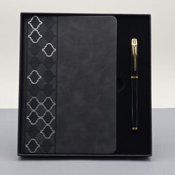 Desenli Siyah Deri Defter Kalem Set