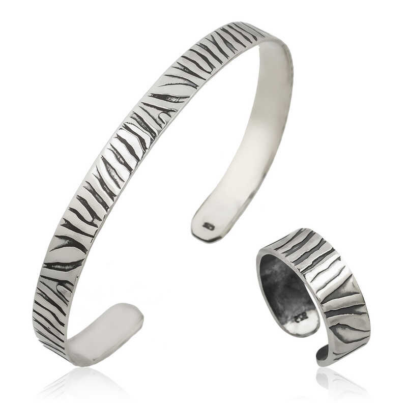 925 Ayar Gümüş Zebra Desenli Bileklik Ve Yüzük Set