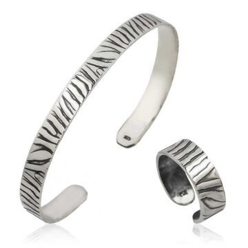 925 Ayar Gümüş Zebra Desenli Bileklik Ve Yüzük Set