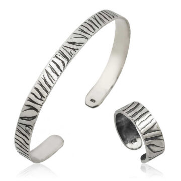 925 Ayar Gümüş Zebra Desenli Bileklik Ve Yüzük Set