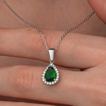 Gümüş Damla Zümrüt Taşlı Kadın Kolye