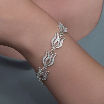Gümüş Lale Motifli Telkari Kadın Bileklik