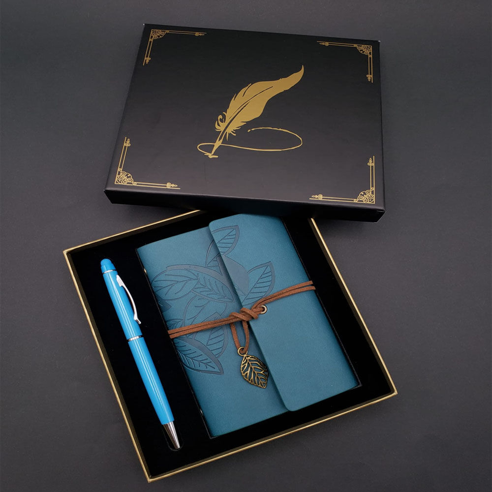 Metal Kalem ve Mavi Deri Defter