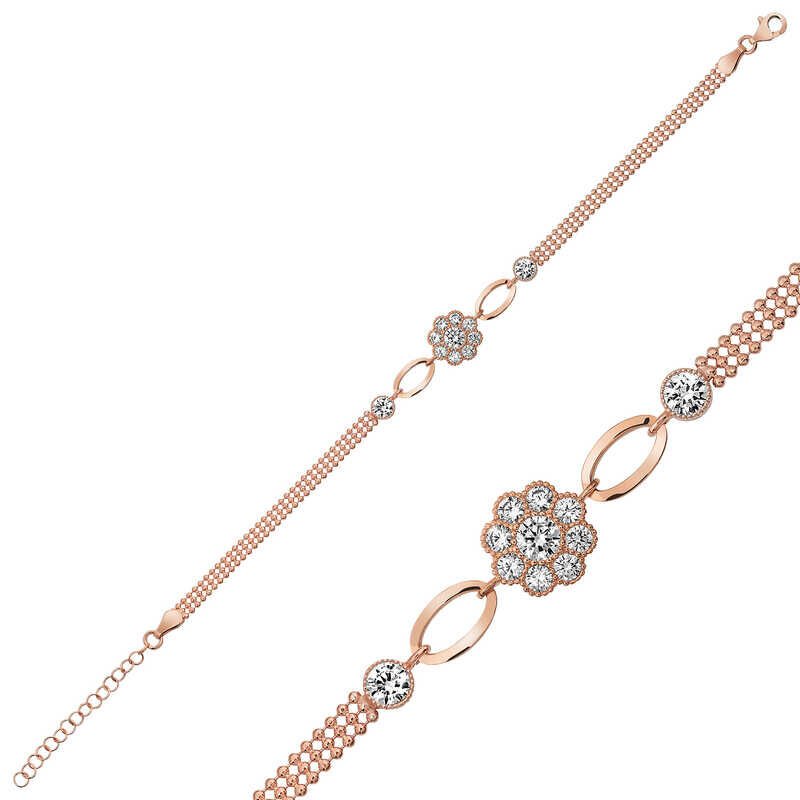 925 Ayar Gümüş Rose Çiçek Modelli Bileklik