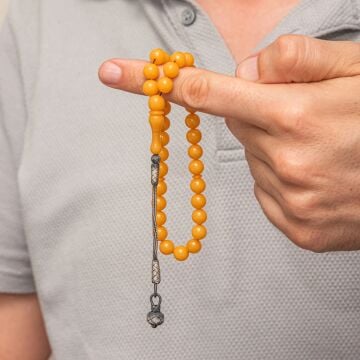 Gümüş Top Kazaz Püsküllü Sarı Yuvarlak Sıkma Kehribar Tesbih