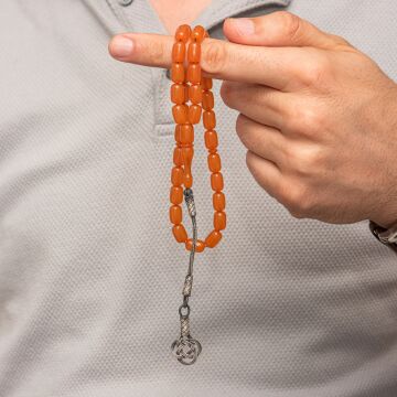 Gümüş Kazaz Püsküllü Kapsül Kesim Turuncu Sıkma Kehribar Tesbih