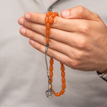 Gümüş Kazaz Püsküllü Kapsül Kesim Turuncu Sıkma Kehribar Tesbih