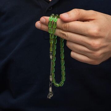 Gümüş Kazaz Püsküllü Kapsül Kesim Yeşil Sıkma Kehribar Tesbih