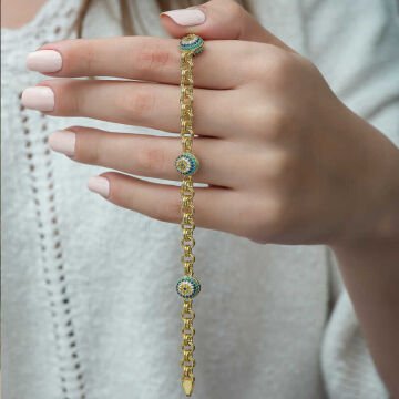 ​925 Ayar Gümüş Gold Sosyete Gözlü Zincir Bileklik