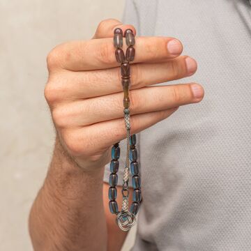 Gümüş Kazaz Püsküllü Kapsül Kesim Mavi Sıkma Kehribar Tesbih