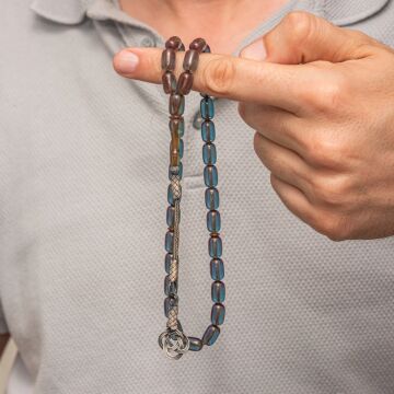 Gümüş Kazaz Püsküllü Kapsül Kesim Mavi Sıkma Kehribar Tesbih