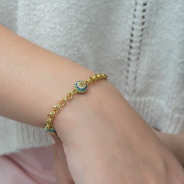 ​925 Ayar Gümüş Gold Sosyete Gözlü Zincir Bileklik