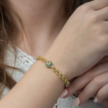 ​925 Ayar Gümüş Gold Sosyete Gözlü Zincir Bileklik