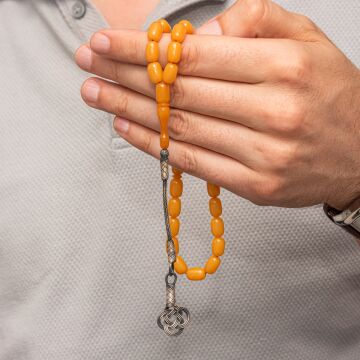 Gümüş Kazaz Püsküllü Kapsül Kesim Sarı Sıkma Kehribar Tesbih