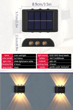 6ledli  Solar Duvar Lambası Aplik Güneş Enerji Gün Işığı 2 Li Set