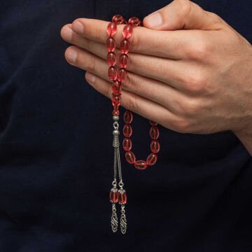 Gümüş Püsküllü Ateş Kehribar Tesbih