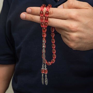 Gümüş Püsküllü Ateş Kehribar Tesbih