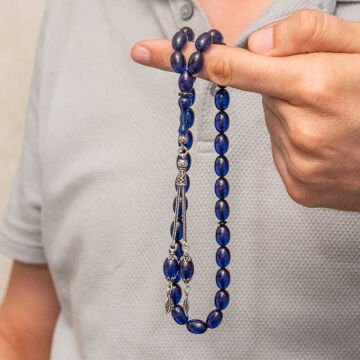 Gümüş Püsküllü Lacivert Sıkma Kehribar Tesbih