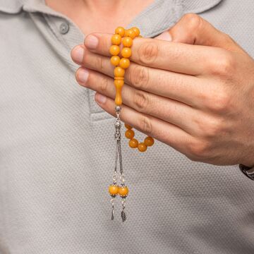 Gümüş Püsküllü Sarı Yuvarlak Sıkma Kehribar Tesbih