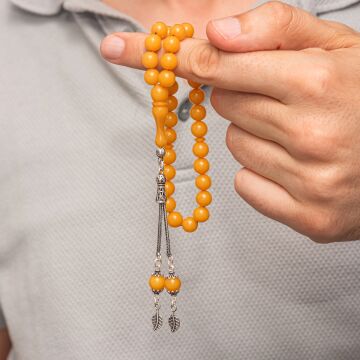 Gümüş Püsküllü Sarı Yuvarlak Sıkma Kehribar Tesbih