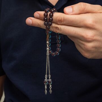 Gümüş Püsküllü Deniz Mavisi Yuvarlak Sıkma Kehribar Tesbih