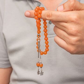 Gümüş Püsküllü Turuncu Yuvarlak Sıkma Kehribar Tesbih