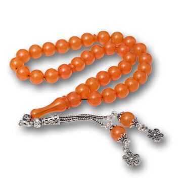 Gümüş Püsküllü Turuncu Yuvarlak Sıkma Kehribar Tesbih