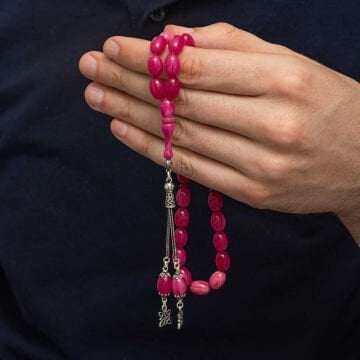 Gümüş Püsküllü Pembe Sıkma Kehribar Tesbih