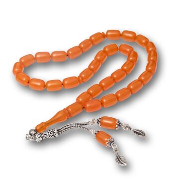 Gümüş Püsküllü Turuncu Kapsül Kesim Sıkma Kehribar Tesbih