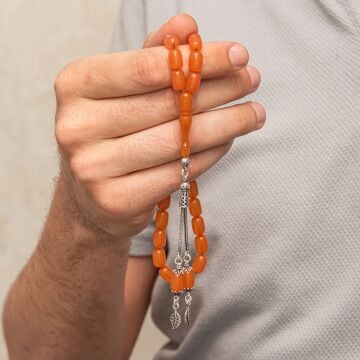 Gümüş Püsküllü Turuncu Kapsül Kesim Sıkma Kehribar Tesbih