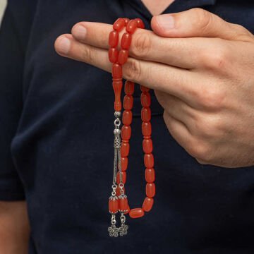 Gümüş Püsküllü Kapsül Kesim Sıkma Kehribar Tesbih