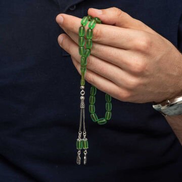 Gümüş Püsküllü Kapsül Kesim Sıkma Kehribar Tesbih