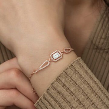 925 Ayar Gümüş Rose Dikdörtgen Baget Bileklik