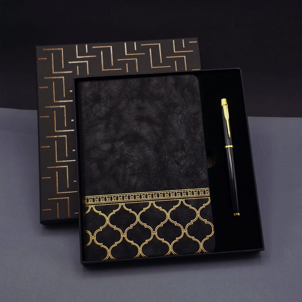 Gold Desen Siyah Deri Defter Kalem Set