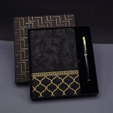 Gold Desen Siyah Deri Defter Kalem Set