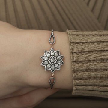 ​925 Ayar Gümüş Rose Çiçek Desenli Elmas Montür Bileklik