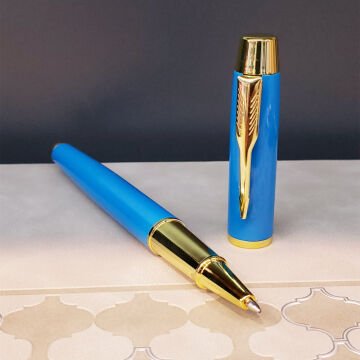 Gold Şeritli Mavi Defter Ve Kalem Seti