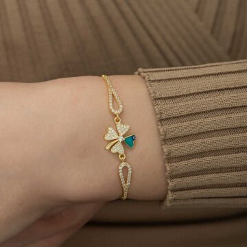 925 Ayar Gümüş Gold Nazarlı Yonca Bileklik