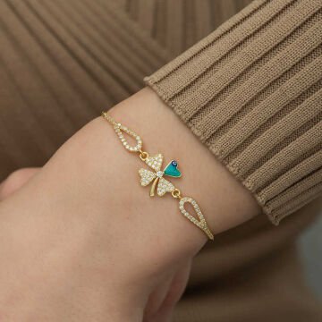 925 Ayar Gümüş Gold Nazarlı Yonca Bileklik