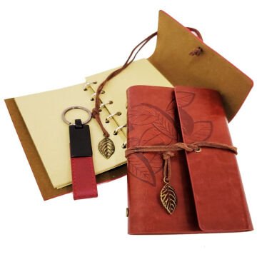 Özel Ahşap Kutulu Kahve Deri Defter ve Anahtarlık Set