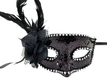 Siyah Renk Yandan Tüylü Güllü Gümüş Taşlı Pullu Maske 20x22 cm