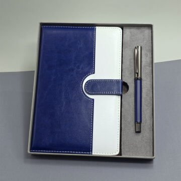 Mavi Beyaz Deri Kapaklı Defter Ve Metal Kalem Set