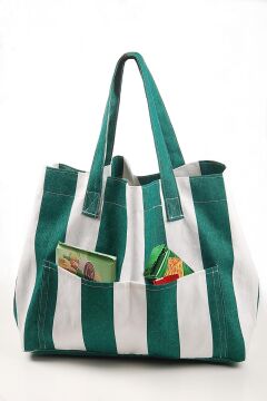 Kadın Kanvas 2 Cepli Günlük Renkli Plaj Omuz Çantası Yeşil