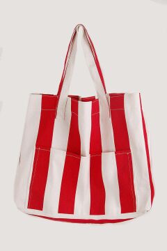 Kadın Kanvas 2 Cepli Günlük Renkli Plaj Omuz Çantası Kırmızı